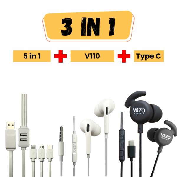 Bundle 7 / 5 In1 Cable + V110 Hand Free + Gaming Type C Hand Free 1 | Vizo 5-in1 Fast Data Cable